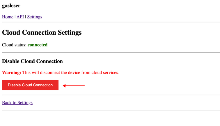 Cloud Connection Settings – Status: connected