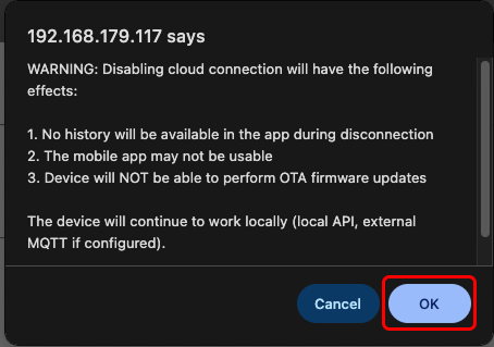 Warning when disabling cloud